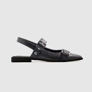 Quince Black Italian Leather Bold Buckle Slingback Flat